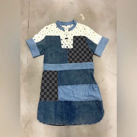 Sea New York Patchwork Cotton Denim And Lace Oversized Mock Neck Mini Dress sz 4 - Picture 8 of 11